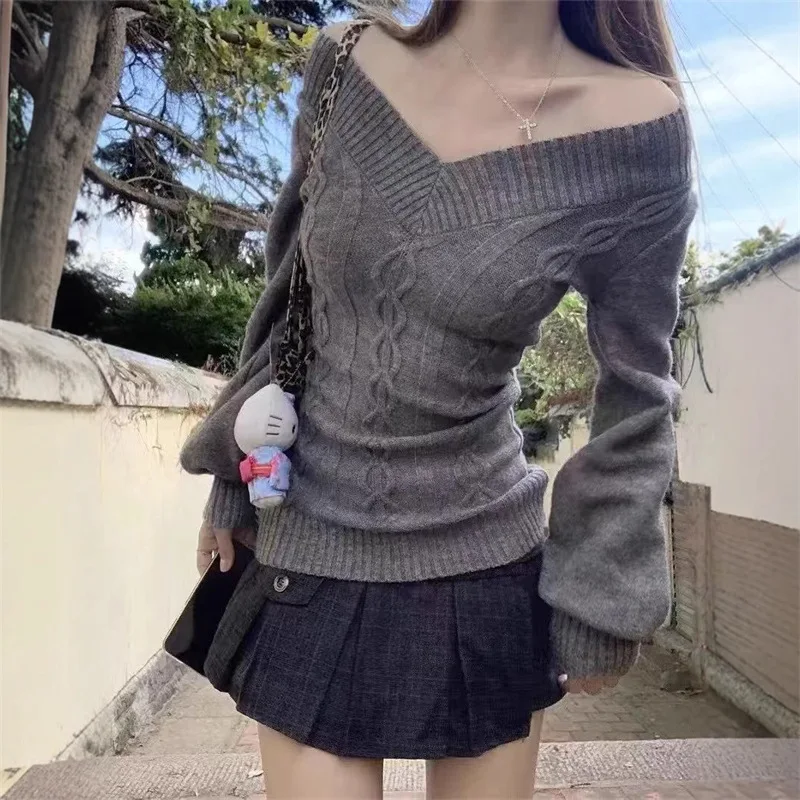 

Fashion Vintage V-neck Knitted Tops Women 2025 Early Autumn New Sweaters Pullover Slim Long Sleeve Pullovers Sexy Gray Sweaters