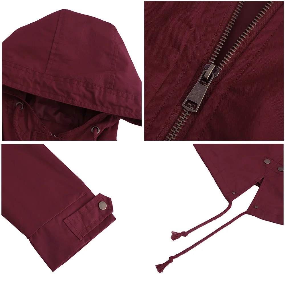 2026 Women Burgundy Hooded Jacket, Green Long Sleeves Windproof Jackets Fashion Casual Coat Black Blue Coffee Khaki S-4XL