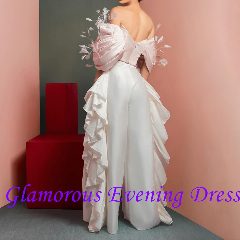 Customized Exquisite Feathers Off The Shoulder Satin Evening Dresses Elegant A-Line Floor Length Half Sleeves Vestidos De Fiesta