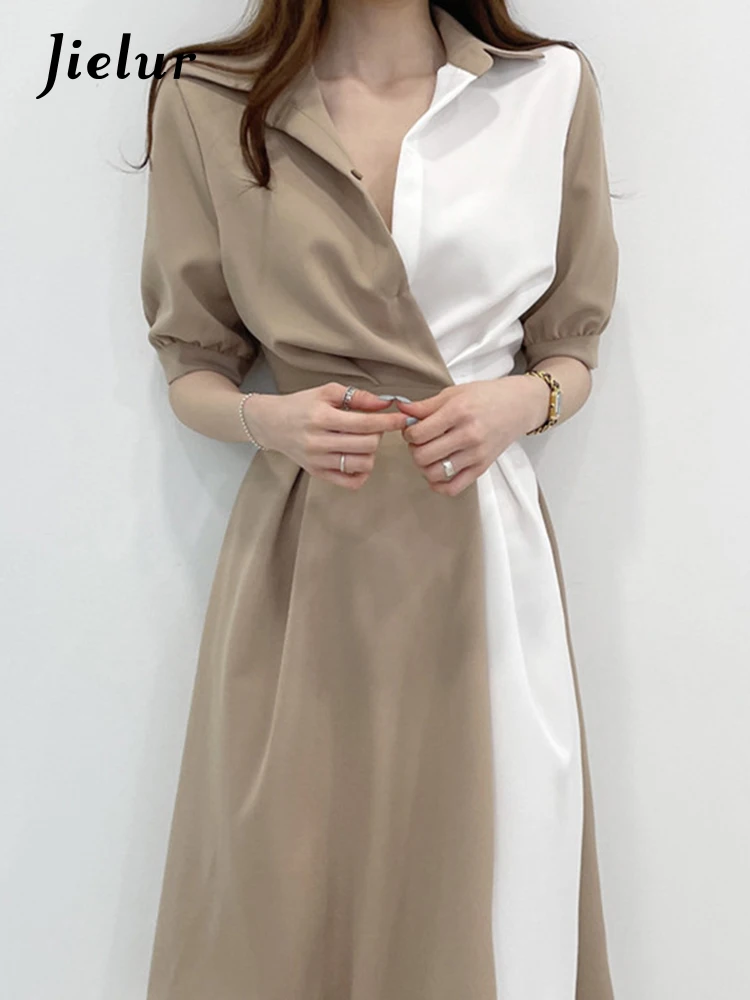 Jielur-Robe Chemise Femme Patchwork, Manches Courtes Bouffantes, Col Rabattu, Simple, Robe Française pour Femme, Bouton Unique, Printemps, Mode