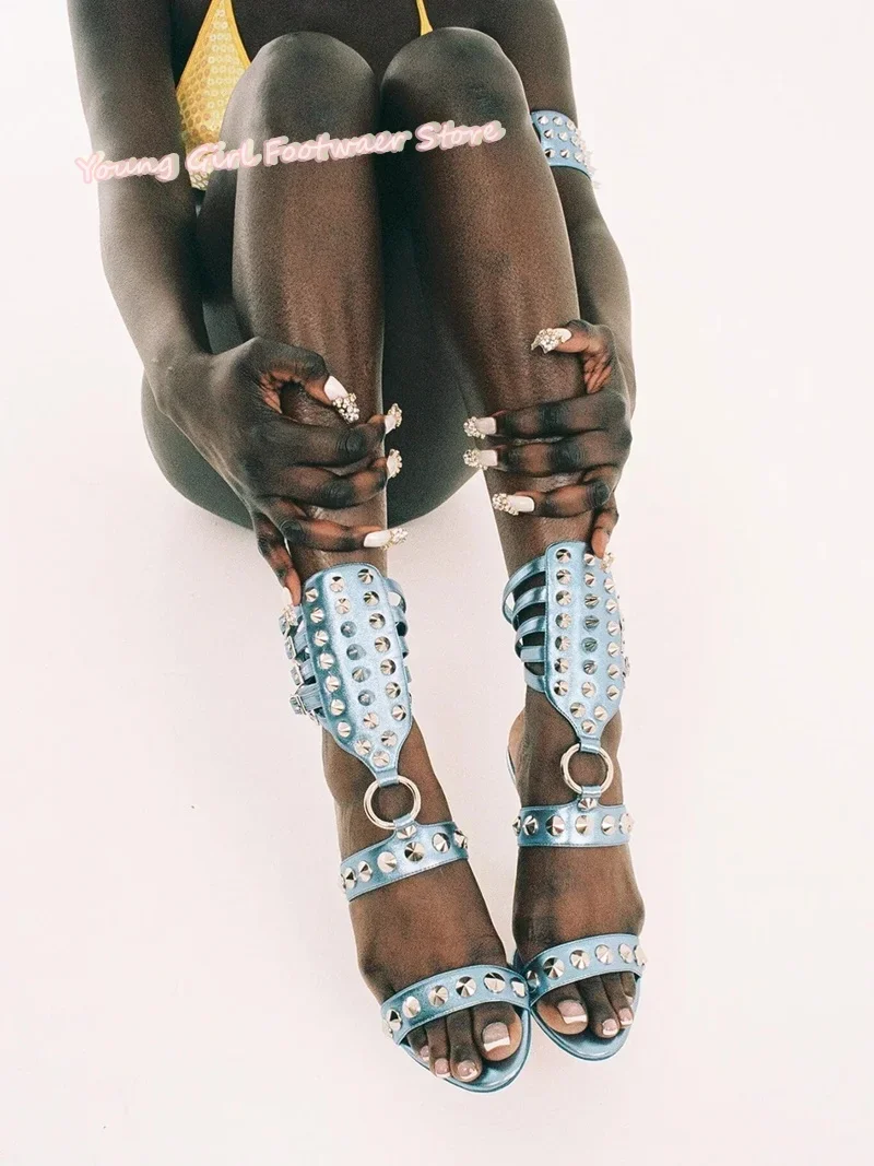 Summer Blue Pointed Toes Metal Decoration Sandals Ankle Belt Buckle Combination Women's Stiletto Heels Women's Luxury High Heels