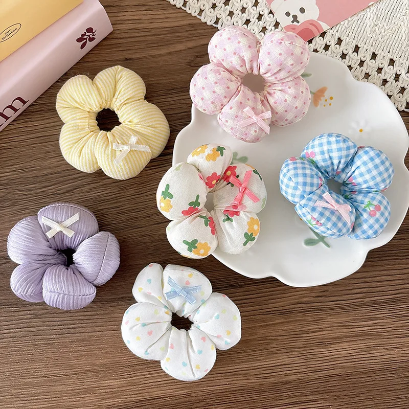Hair Scrunchie Cotton Filled Floral Bow Girls Kids Sweet Versatile Spring Summer Bun Holder Lightweight Comfortable Multicolor