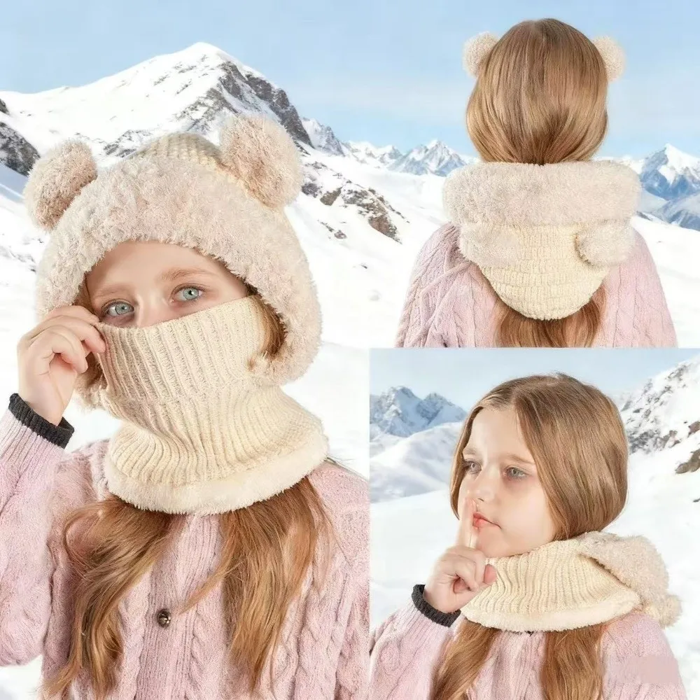 

High Quality Kids Winter Balaclava Hat Knitted Warm Neck Warmth Cover Hat Outdoor Fluffy Ear Protection Mask Girls Hooded Cap