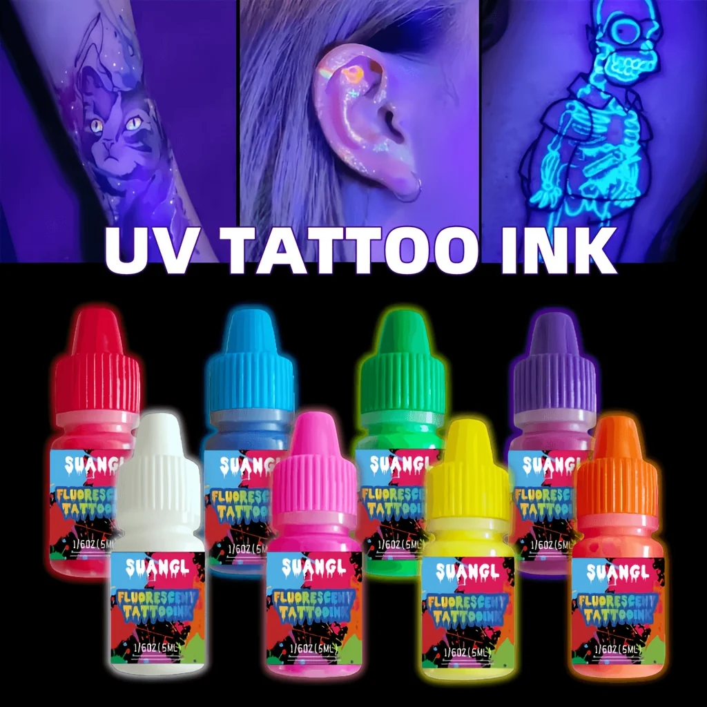 Ensemble d'encres de tatouage fluorescentes UV – 8 couleurs qui brillent sous la lumière noire, sûres et non toxiques, bouteilles de 5 ml.