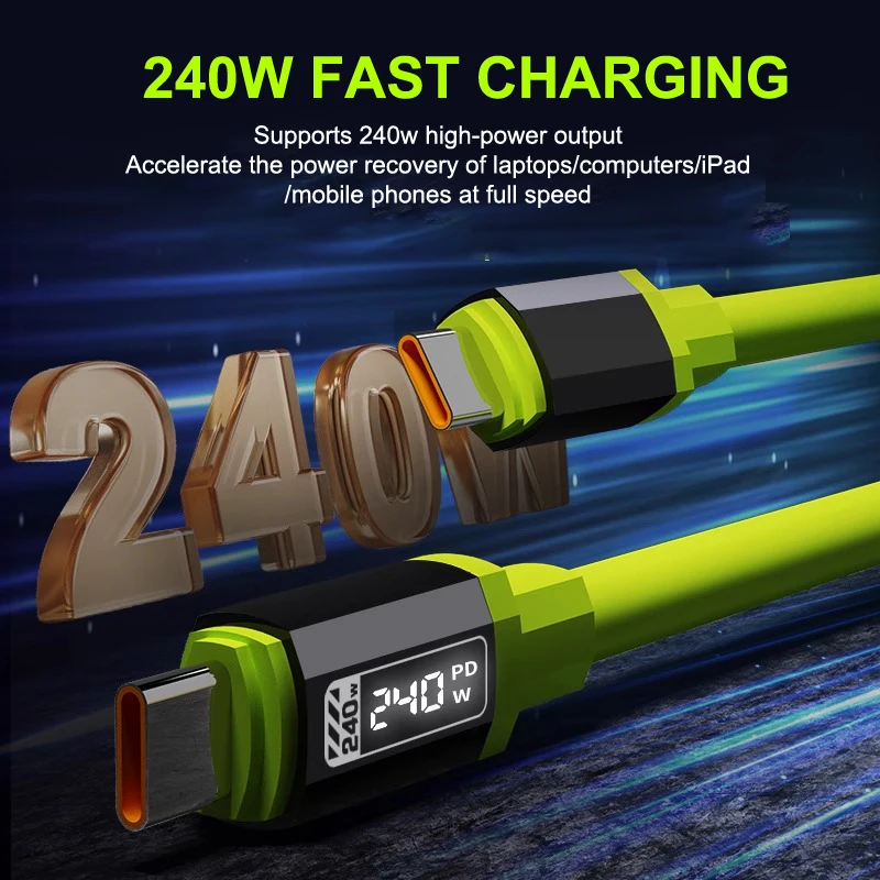 240W USB C Cable With Power Display Fast Charging Charger For  15 16 17   Huawei Phones Type C Cord 1-2m