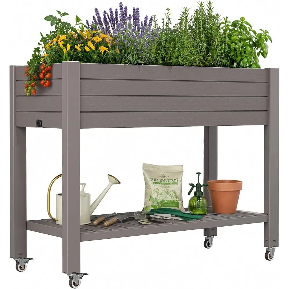 33.7 Tall Raised Garden Bed with Wheels, Divisible Plastic Planter Box, Drainage Gauge & Storage Shelf, Herb Garden or Patio Bac