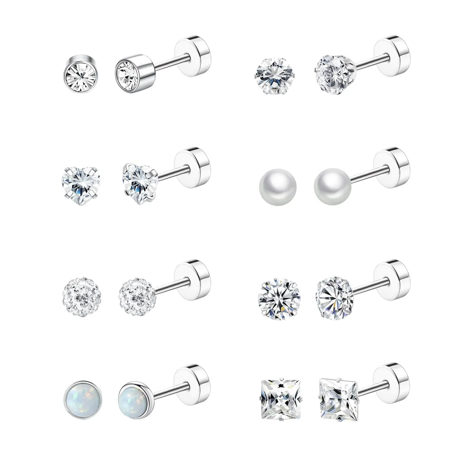 8 Pairs Flat Back Stud Earrings Sets for Multiple Piercing Small Silver Flat Back Surgical Steel Tiny Ball Pearl Cubic Zirconia