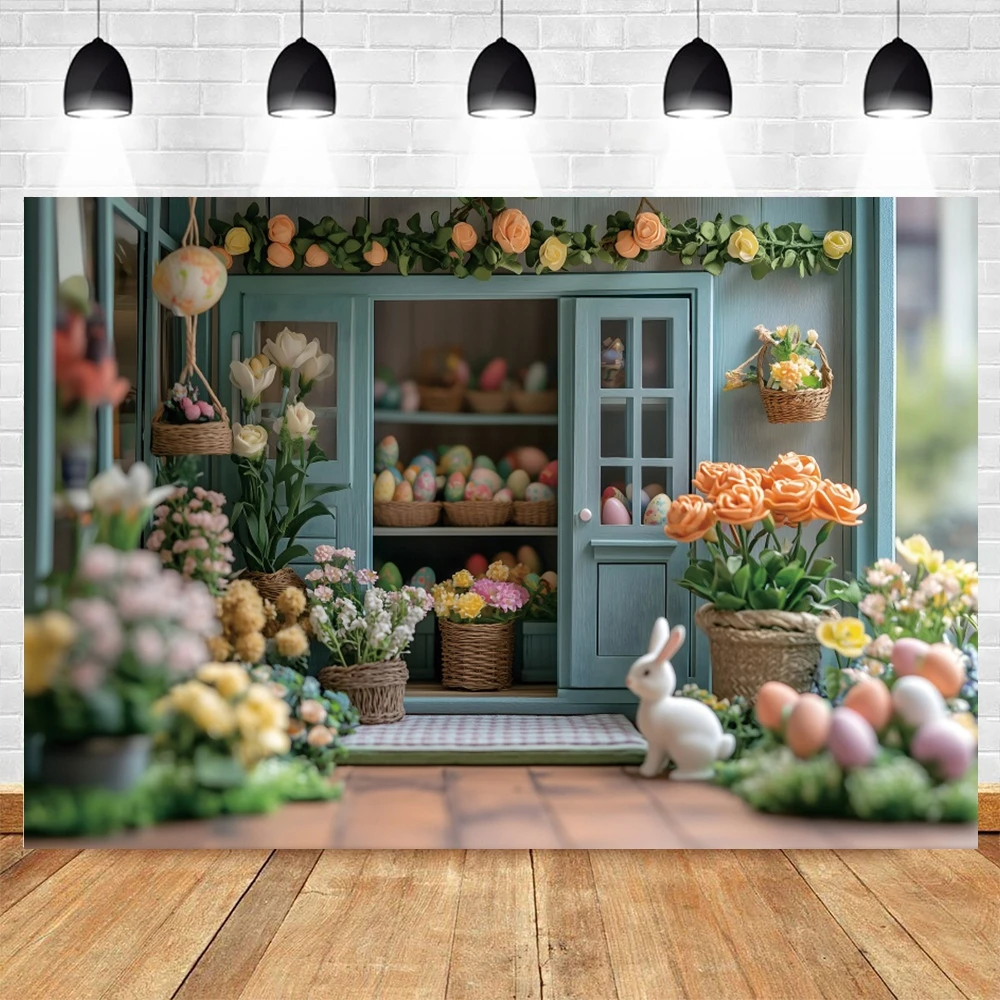 Primavera páscoa pano de fundo flores coelhos ovos loja interior chá de bebê crianças retrato festa de aniversário fotografia fundo decoração