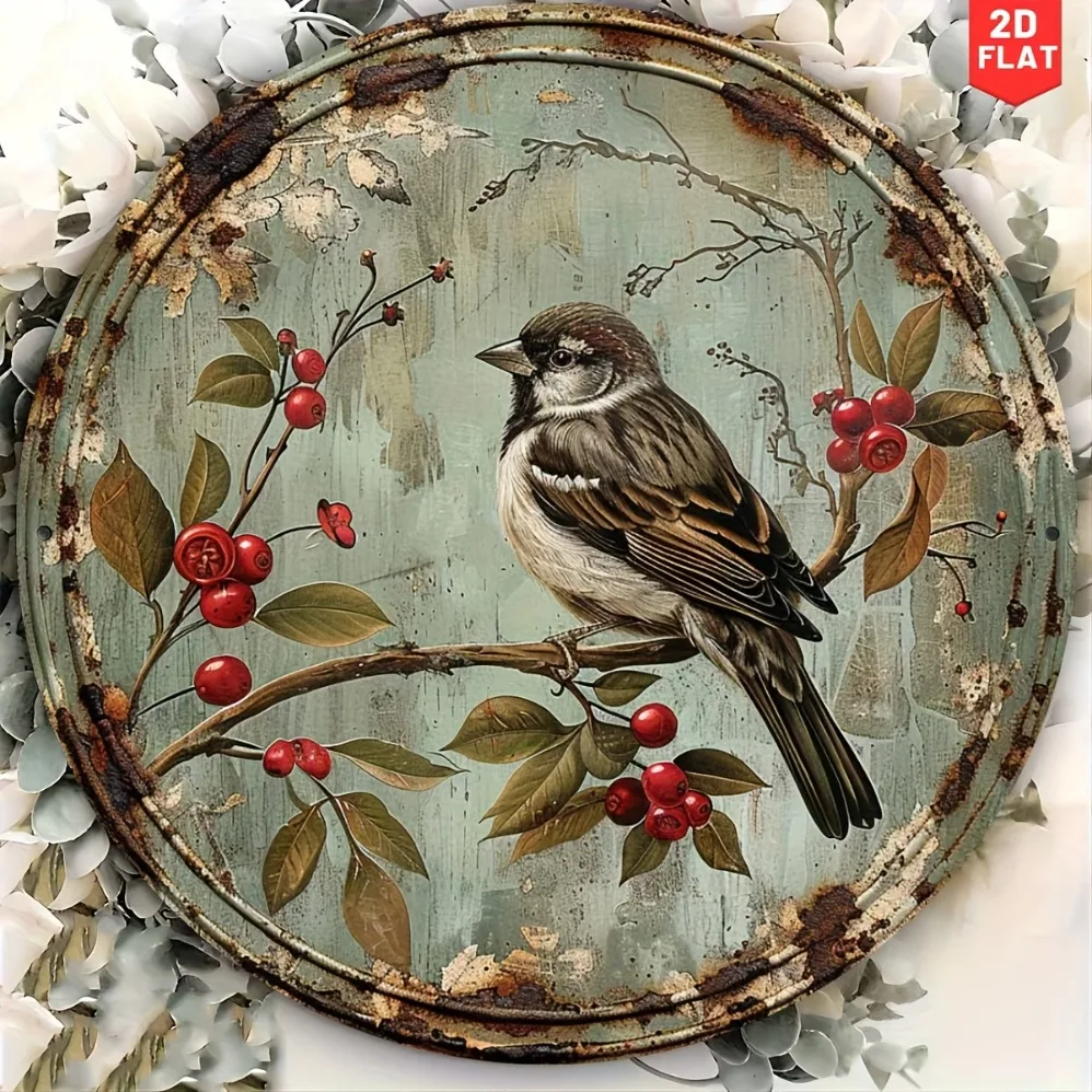 Vintage Bird & Cherry 2D flaches rundes Aluminium-Metallschild: Themendekor mit 2D-Druck – ideal für Zuhause, Küche, Garten und