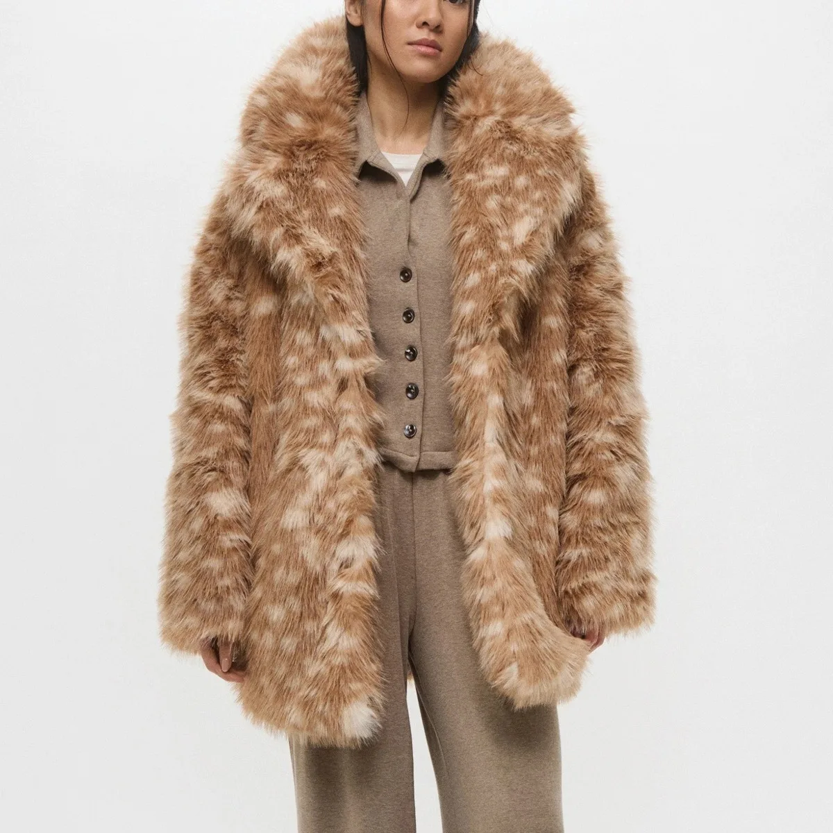 Women Camel Spotted Oversized Wide Shawl Collar Mid-Length Coat, Hidden Snap Closure Side Pockets, Winter Warm Casual Outerwear