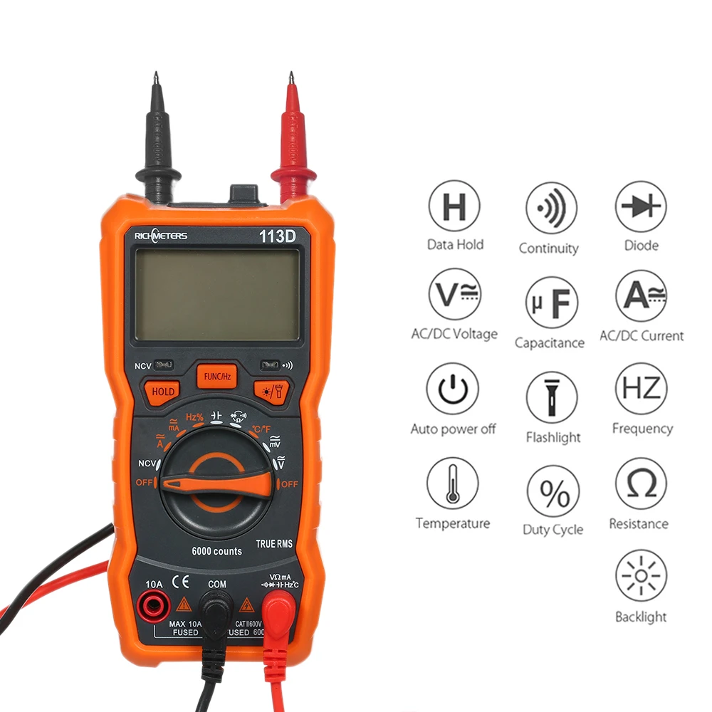 RICHMETERS RM113D Digital Multimeter 6000 Counts NCV Voltage Temperature Measuring Meter with Magnetic Suction Flash Light