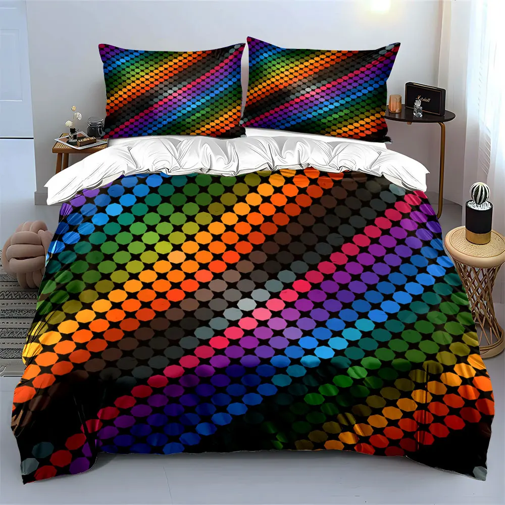Conjunto de roupa de cama com grade de pixels arco-íris escuro, 3 peças, capa de edredom com estampa geométrica multicolorida + 2 fronhas, solteiro, casal, king queen