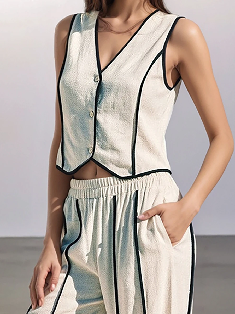 Chaleco clásico a rayas, conjunto de 2 piezas para mujer, cuello en V, chaleco sin mangas con una hilera de botones, novedad de verano, conjunto de pantalón de pierna ancha informal a la moda