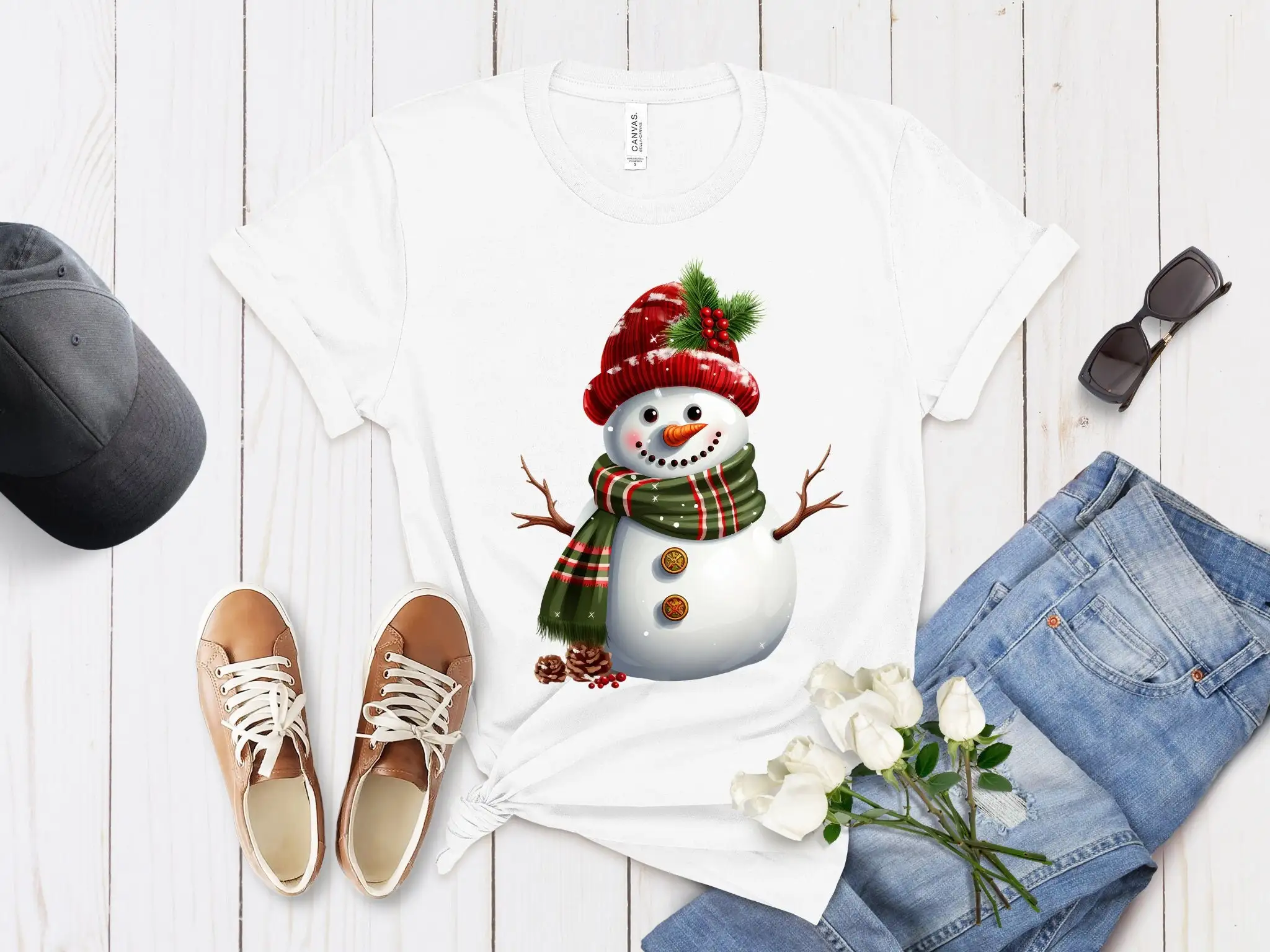 Vintage Snowman Christmas T Shirt with Hat Scarf and Box Design Festive Xmas Holiday Apparel Top