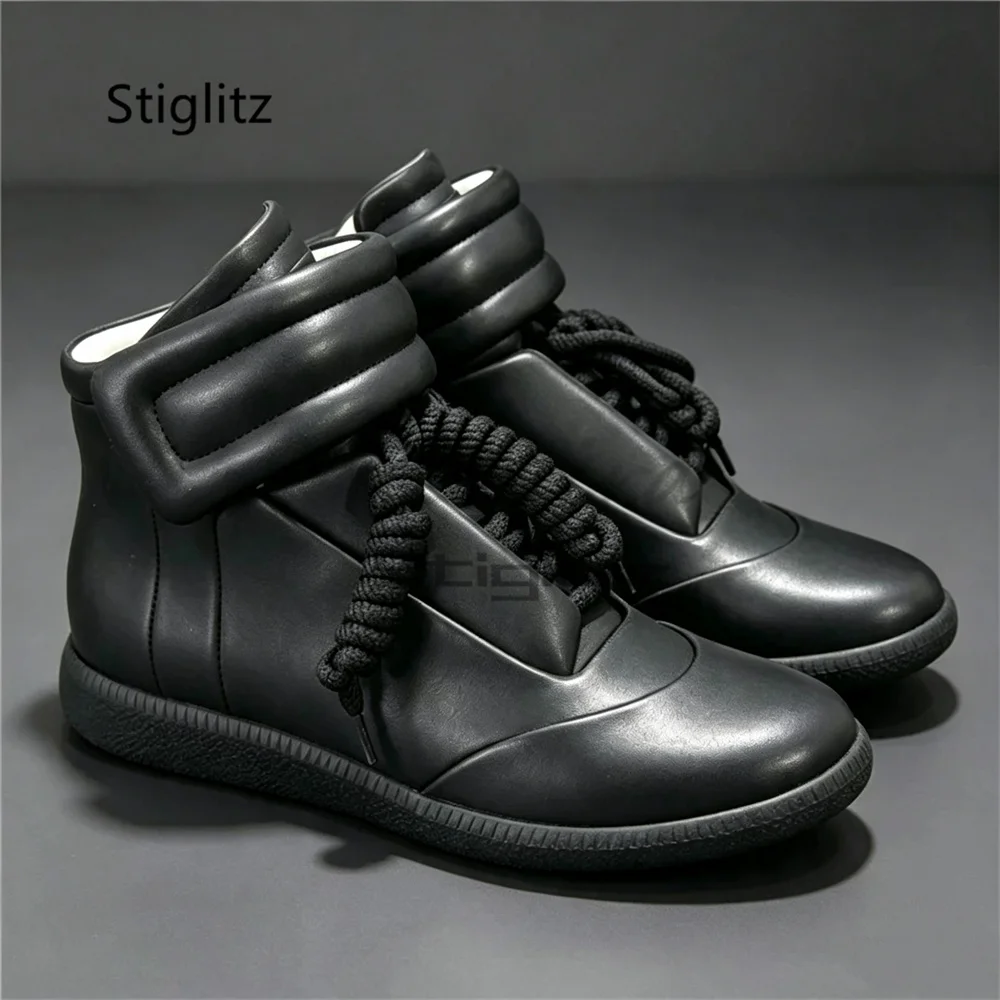 Men's High Top Casual Sports Shoes Flats Genuine Leather Trainers Sneakers Round Toe Lace Up Comfortable Couple Ankle Boots
