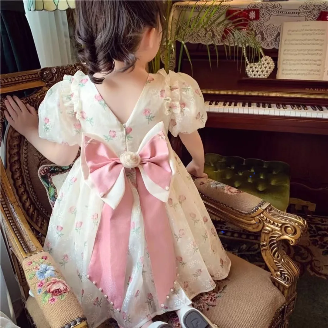 Girls' Summer Short Sleeved Dress Children's Day Performance Dress Back Big Bow Fashion Princess Birthday Dress