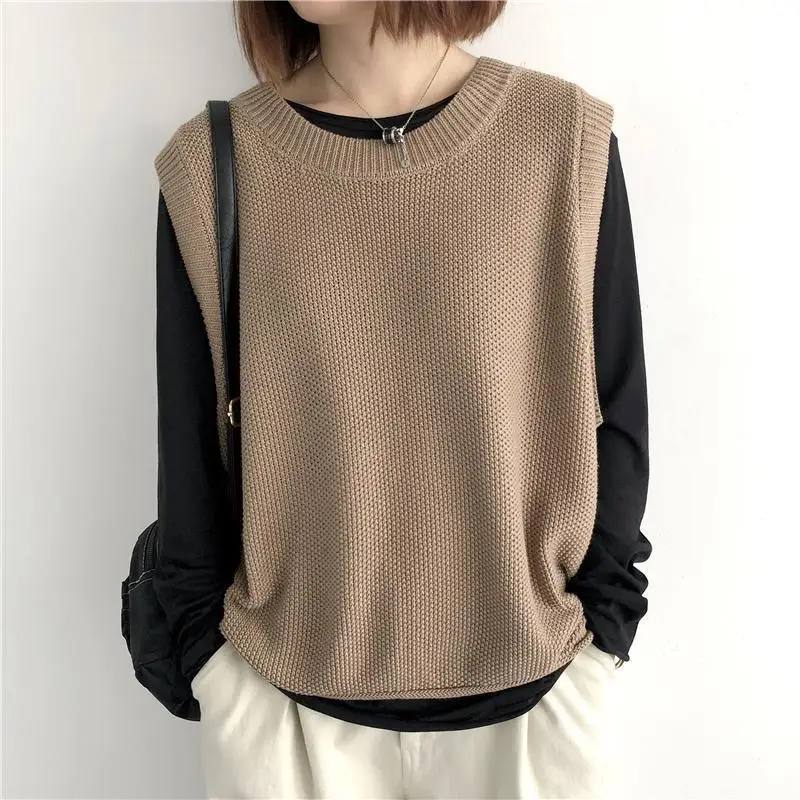 

Women's Casual Knit Sweater Vests Solid Color Round Neck Sleeveless Loose Crochet Spring Autumn Pullover Tops свитер женский