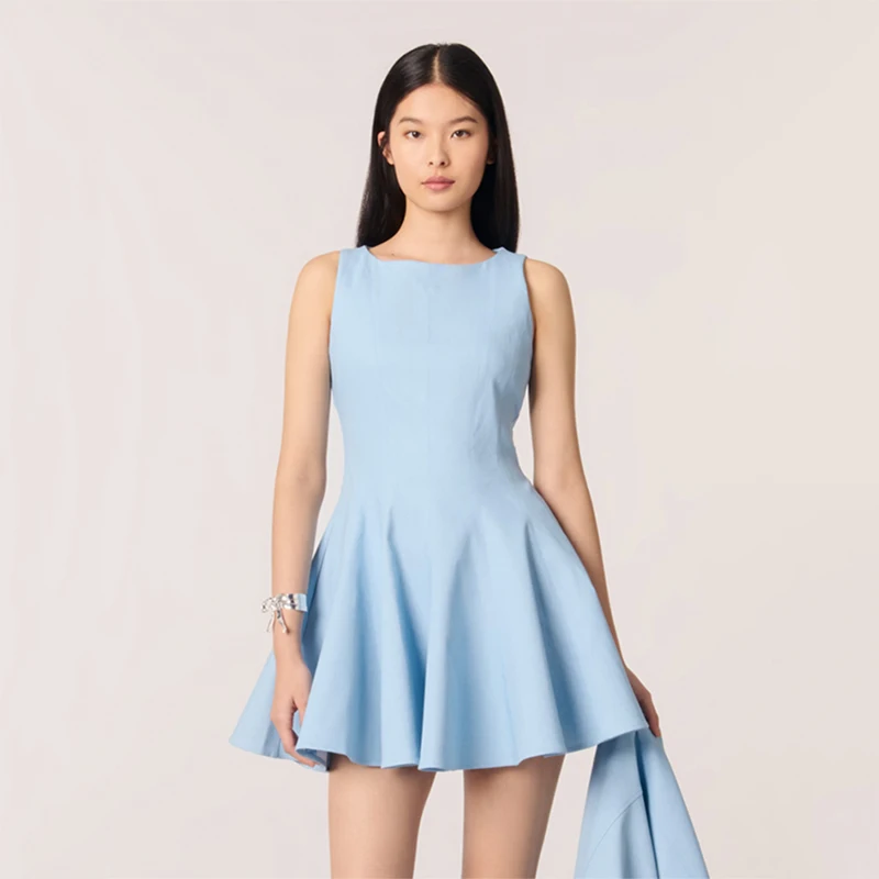

MaSande Blue Svel ort Dr RO0408 Spring Summer New Arrival A-Line Skirt U-Ne High Waist Casual Chic Women's Dr