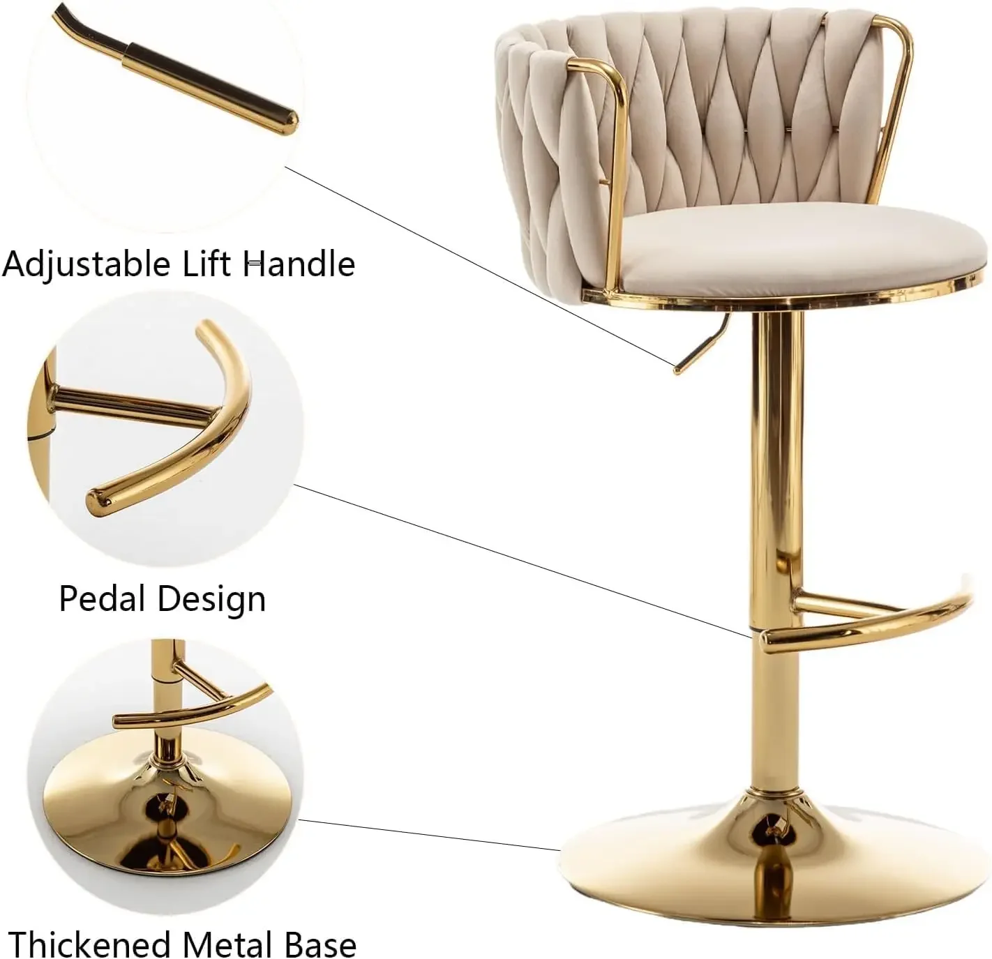 Set di 3 sgabelli da bar in velluto dorato, sgabelli da bar girevoli ad altezza bancone con schienale, sgabelli da bar in tessuto regolabili per isola della cucina,