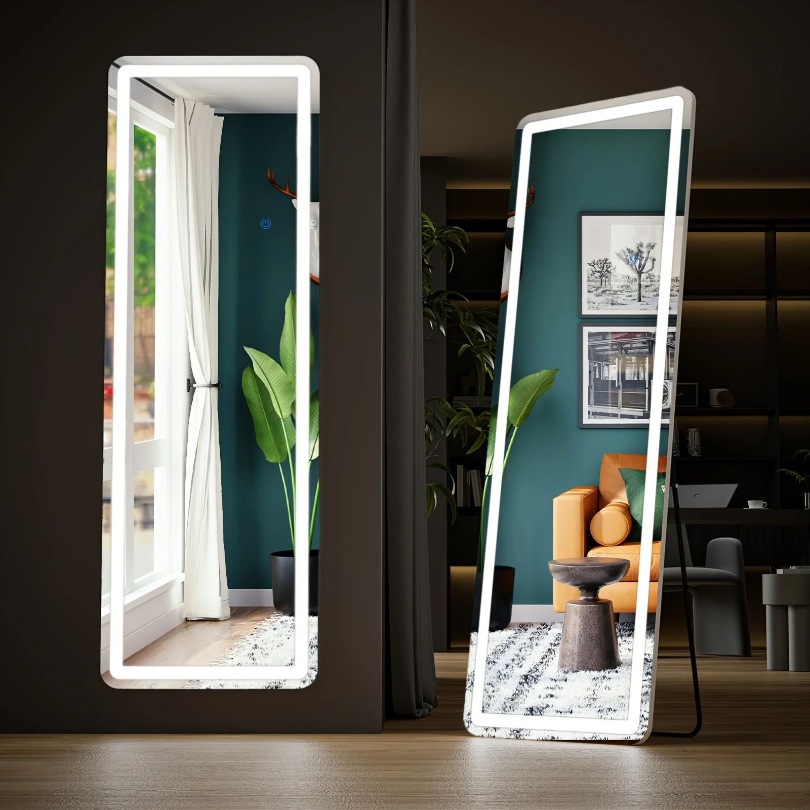 

SMUG 64 X 21 Inch Mirror Full Length Standing Mirror with LED Lights, Lighted Floor Mirror with Stand, W/Dimming And 3 Color Lighting, Wall Mirror Full Length Aluminum Alloy Thin Frame
