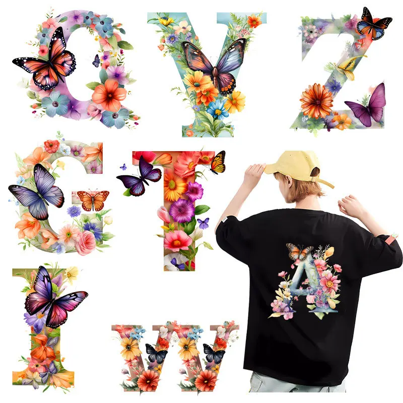 Flower Butterfly A-Z alphabet visual design iron on transfer for clothing dtf transfers ready to press Heat Transfer Printing