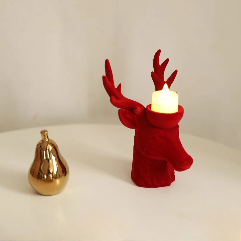 Red Velvet Deer Head Candlestick Ornament,Christmas Themed Creative Candle Stand,Festive Home Decor Prop for Holiday Decoration
