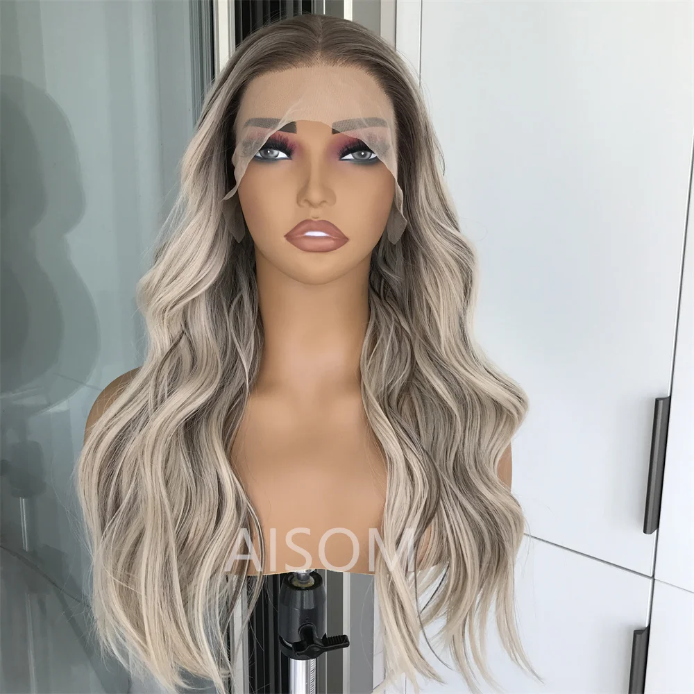 Highlight Ash Platinum Blonde Body Wave Synthetic Lace Front Wig for Women Long Wavy Pre Plucked Heat Resistant Fiber Wig Daily