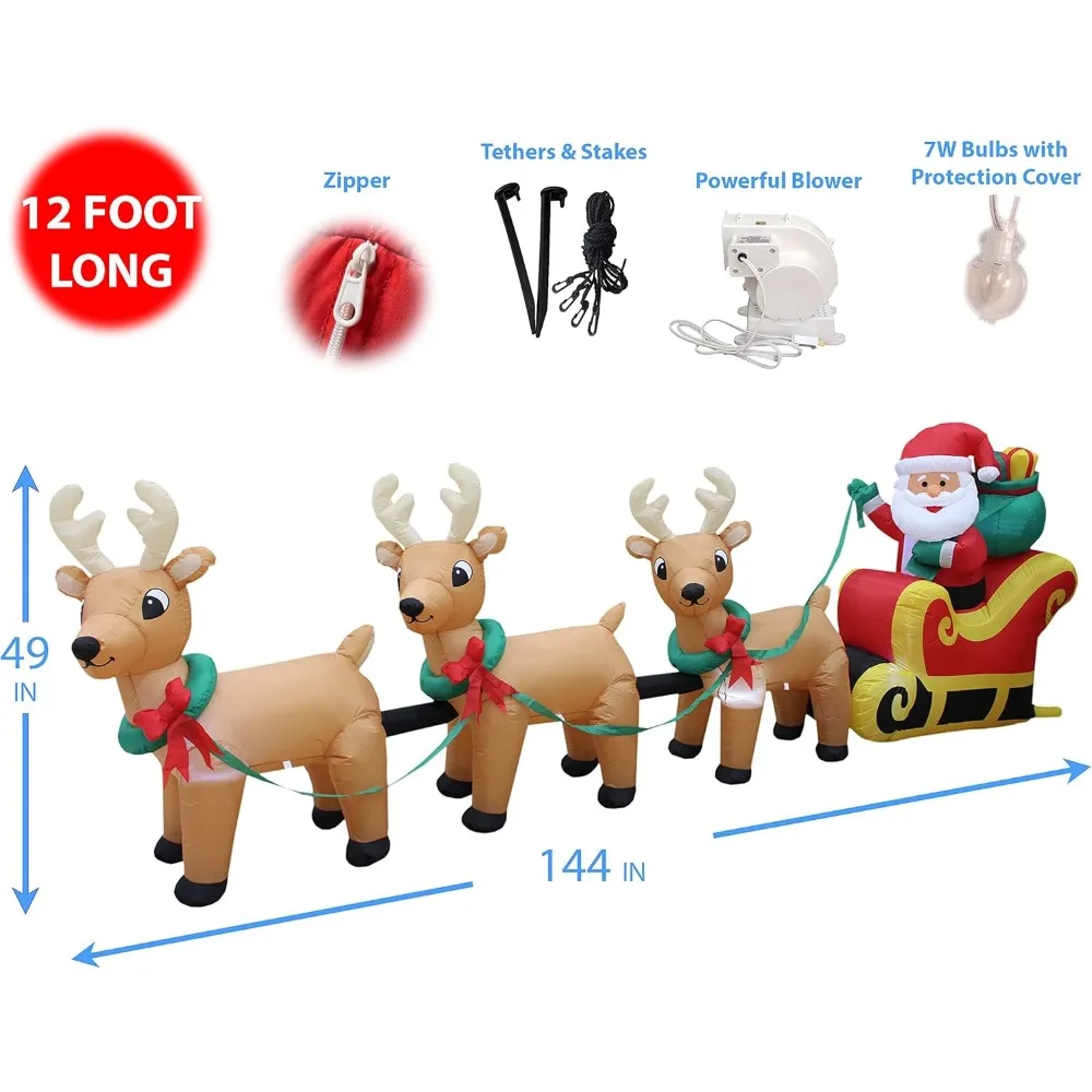 12 Foot Long Lighted Christmas Inflatable Santa Claus on Sleigh with 3 Reindeer Lights Decor Outdoor Indoor Holiday Decorations