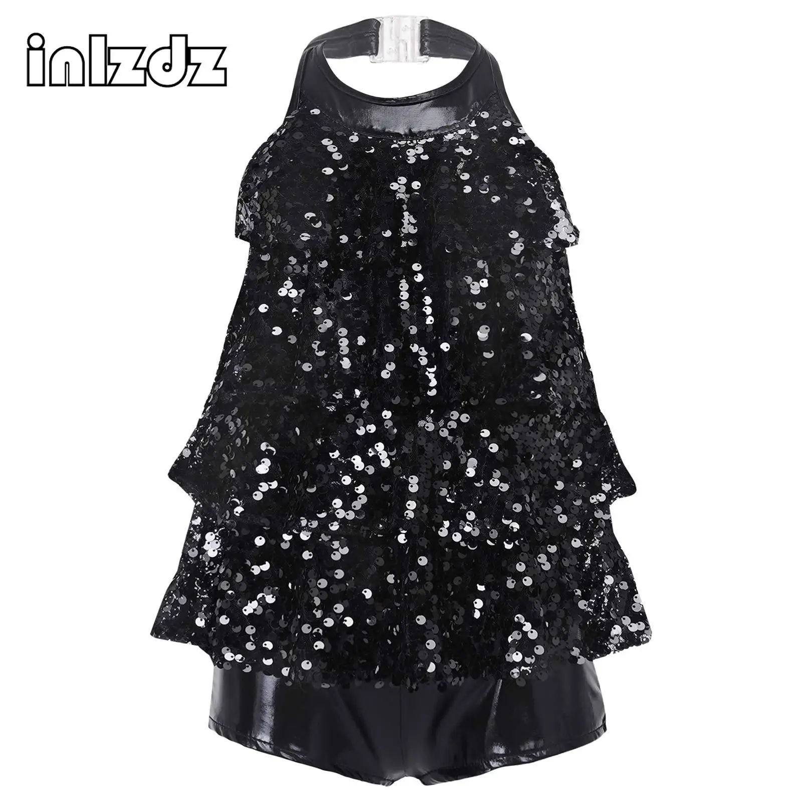 

Girls Halter Shiny Sequins Modern Jazz Latin Ballet Dance Costume Shorty Unitard Dress Stage Performance Professional Dancewear