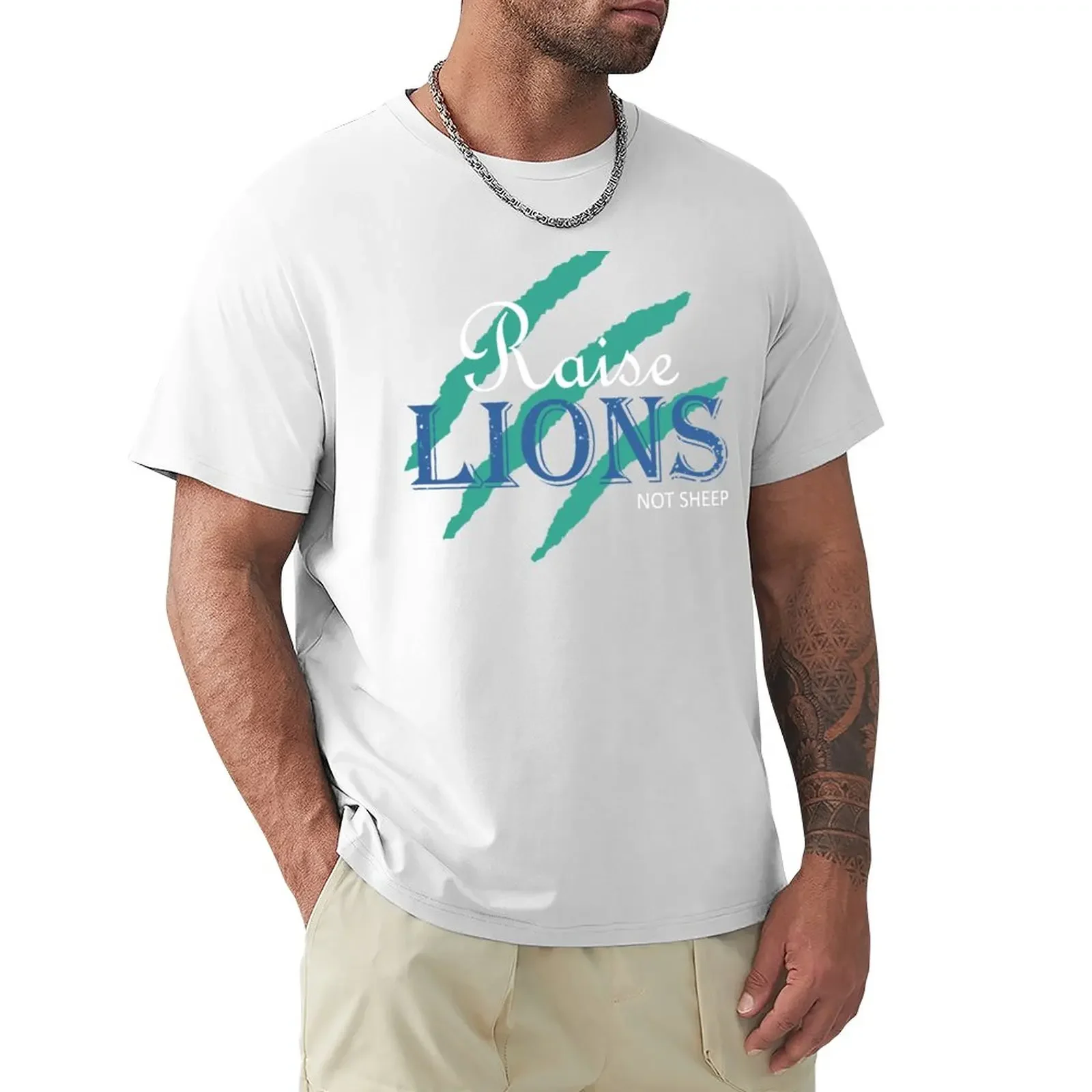 Raise Lions Not Sheep | Cyan, White Font T-Shirt plus sizes anime T-shirt men