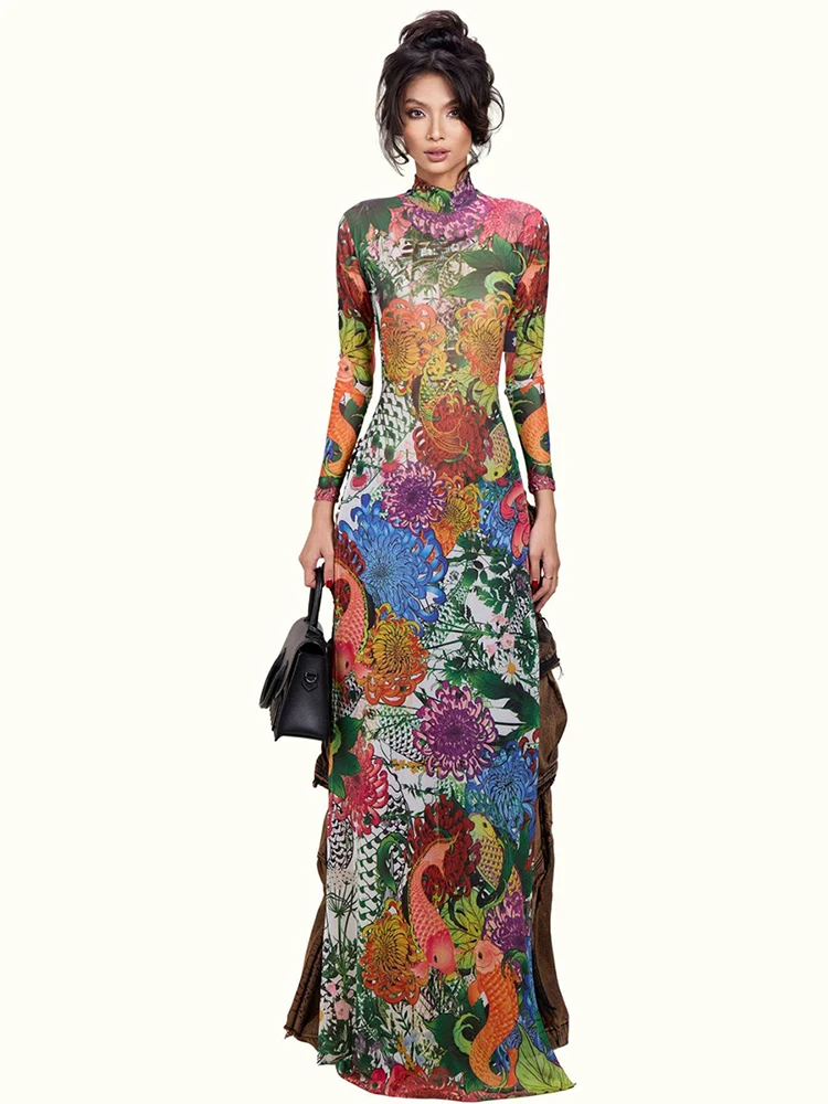 

Женская удлиненная футболка Kliou с цветочным принтом, круглым вырезом, длинными рукавами, завышенной талией и разрезами по низу, весенний тренд, элегантная уличная одежда