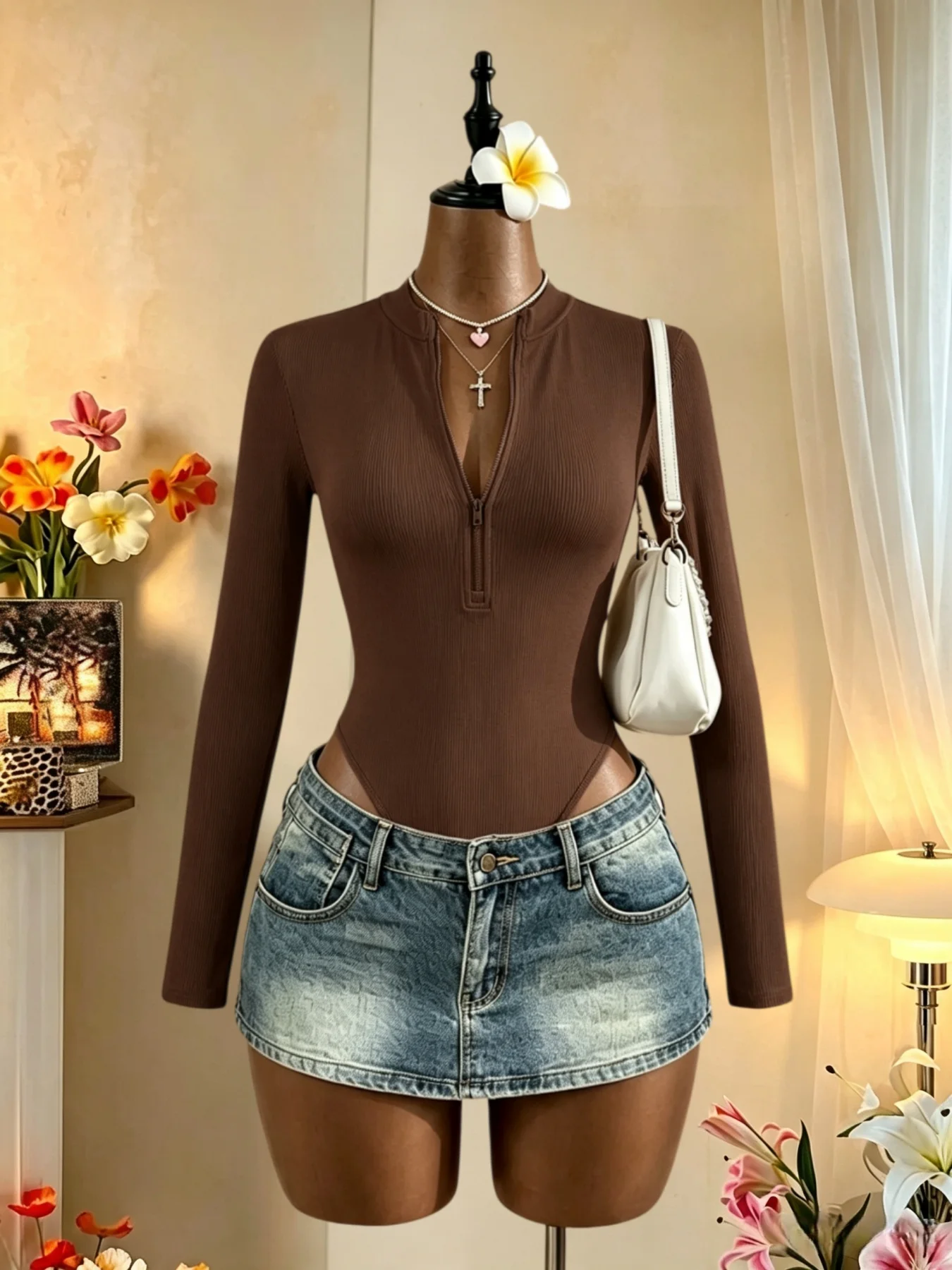 Women 2 Pack Half Zip Stand Collar Ribbed Long Sleeve Bodysuit High Cut Slim Fit Y2K Sexy Casual Basic One Piece Top