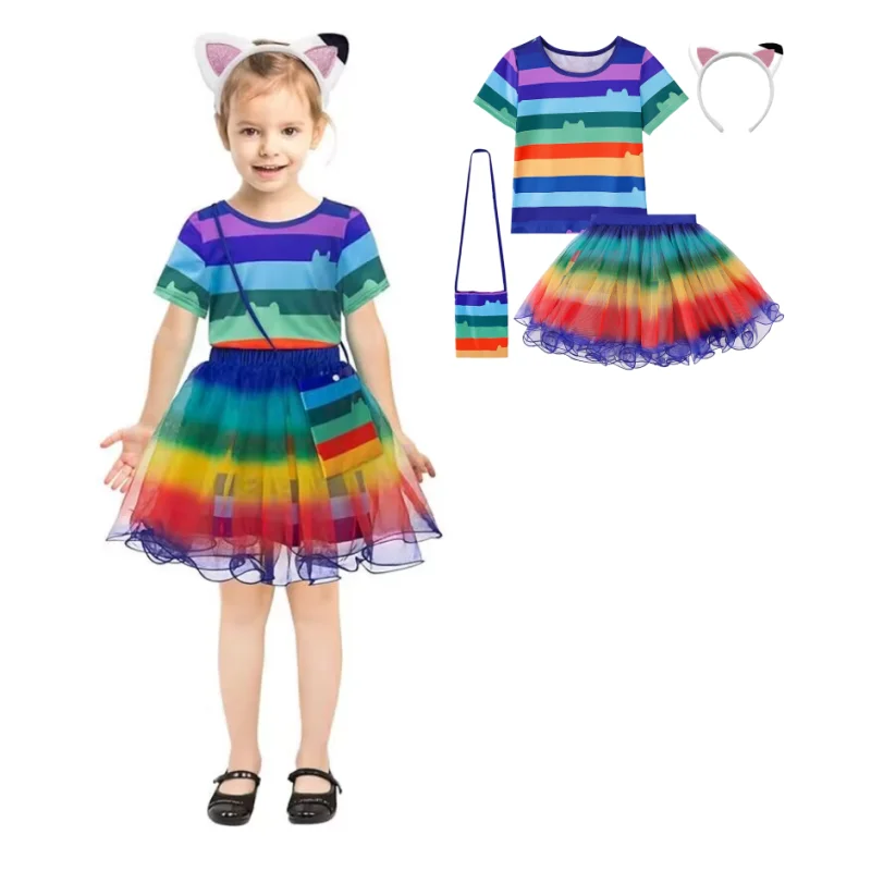 Summer Girls Clothes Set Kids Birthday Party Gabby\'s Dollhouse Cats Striped Top+Rainbow Tutu Dress Outfit Children Clothing Suit