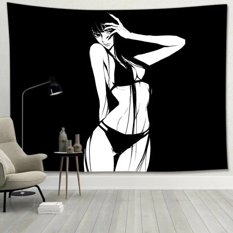 Simple black and white beauty background hanging cloth anime room bedroom bedside dormitory decorative tapestry