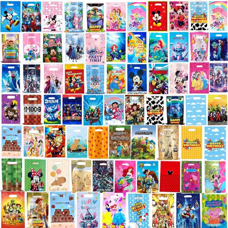 10~100pcs Assorted Patterns Plastic Party Gift Bags Portable Handle Goodie Treat Birthday Holiday Celebration Party Favor Decor
