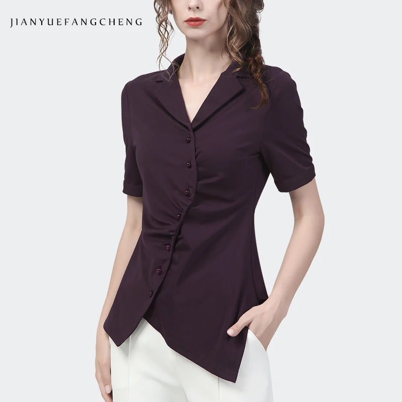 Fashion Women Summer Short Sleeve Purple Knitted Shirt Elegant Suit Collar Asymmetrial Button-Down Top Sexy Stretching Blouses