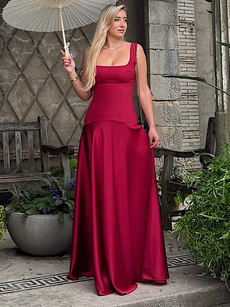 

Red Square Neck Sleeveless A-Line Maxi Dress 2026 Women's Elegant Formal Gown Evening Party Wedding Guest Cocktail Prom Dress