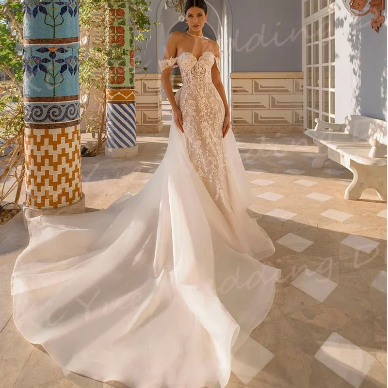 

2025 Modern Sweetheart Mermaid Wedding Dresses Lace Appliques Backless Off The Shoulder Customized Bride Gowns Detachable Train