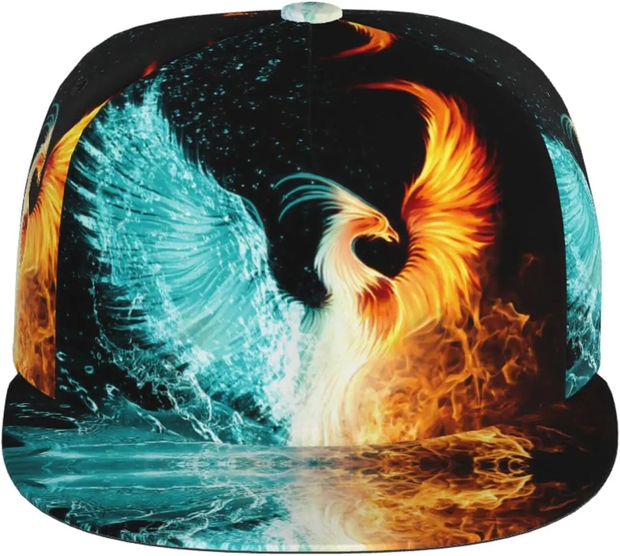 Phoenix Water Fire Pattern Flat Bill Hat, Unisex Snapback Baseball Cap Hip Hop Style Flat Visor Blank Adjustable Black