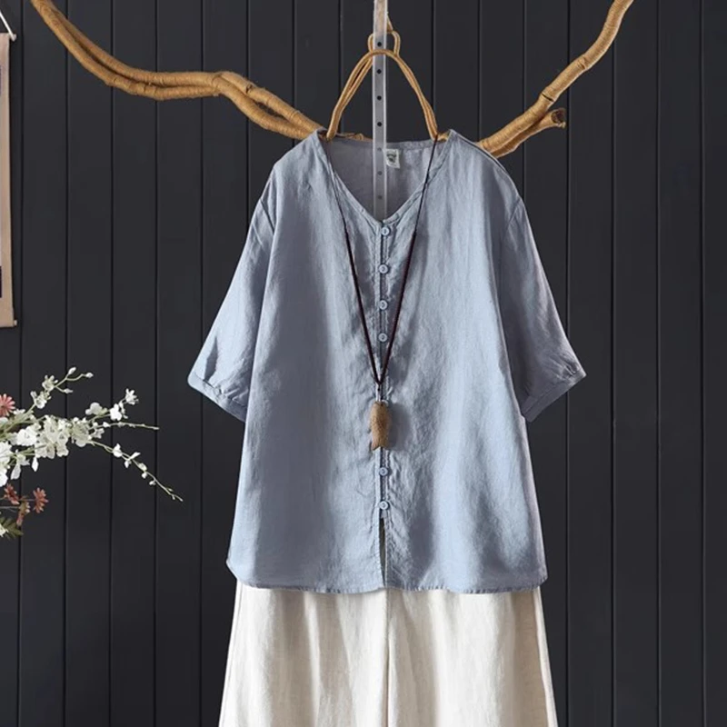 

100% Linen Women Casual Shirt New Arrival 2025 Summer Vintage Style V-neck Solid Color Female Half Sleeve Tops Shirts M1724