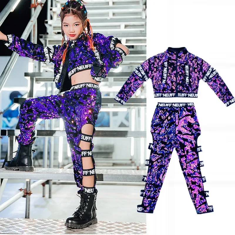 

Jazz Costume Girls Purple Sequin Hop Set Street Dance Performance Clothing Stage Dancing Wear Flared Sleeve Kids Clothes