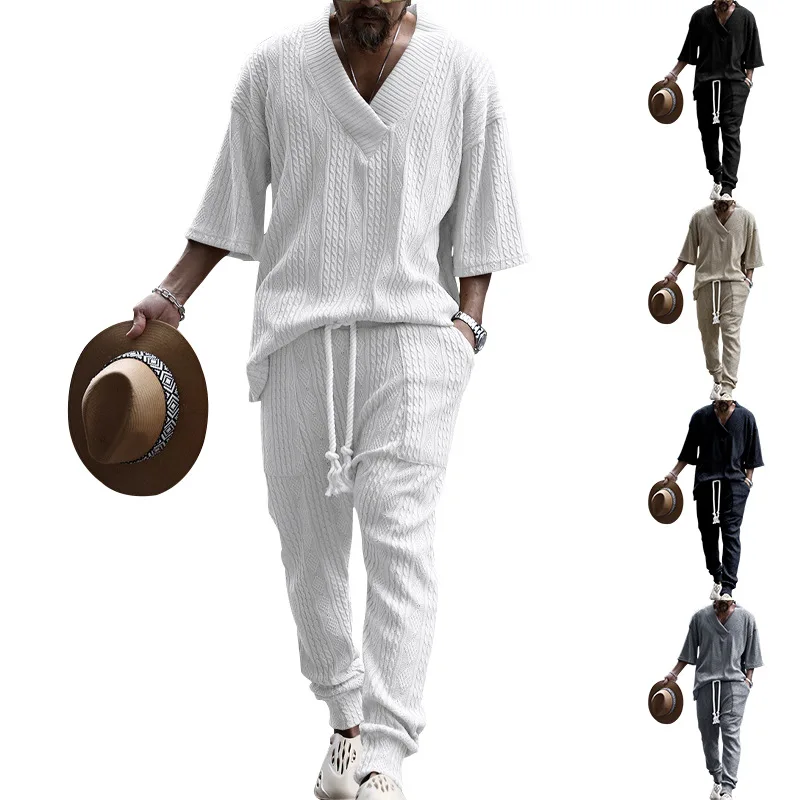 

Trendy Men's Knitted Suit Loose V-neck Mid-sleeved Top with Tapered Pants Fashionable Casual Wear for Men
