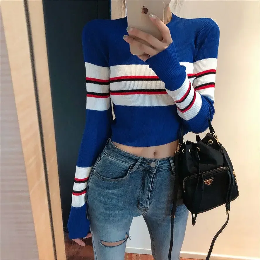 

Korean Spring Autumn Temperament Vintage Striped O-neck Patchwork Slim Pullovers Women Clothes Bottoming Shirt Top Tee All-match