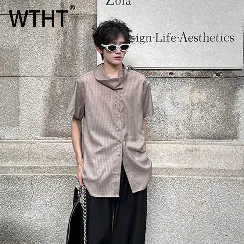 

WTHT Fashion Men's Solid Color Ribbon Pearl Design Casual Shirt Trendy Short Sleeve Turn Down Collar Top Male 2025 Summer 2A1209