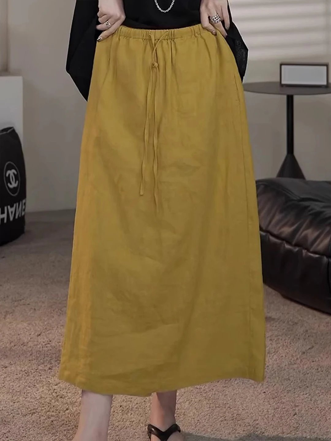 

Ретро японская свободная хлопково-льняная шаровая юбка женская летняя большие размеры с высокой талией утягивающая юбка-миди трапециевидной формы