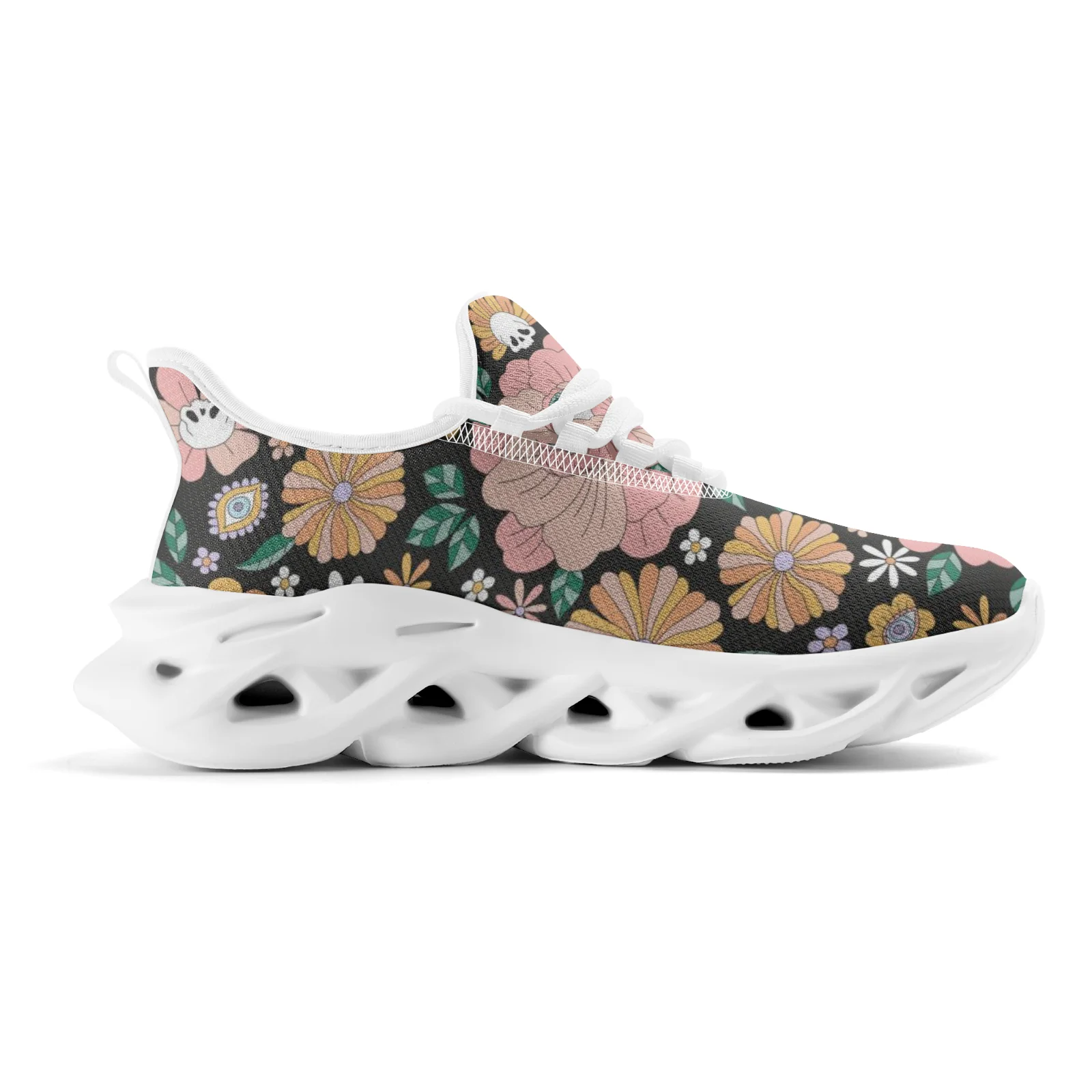 Sepatu Kasual Wanita Pola Tengkorak Bunga Sepatu Jalan Ringan Sepatu Olahraga Lari Wanita Ukuran EU36-48
