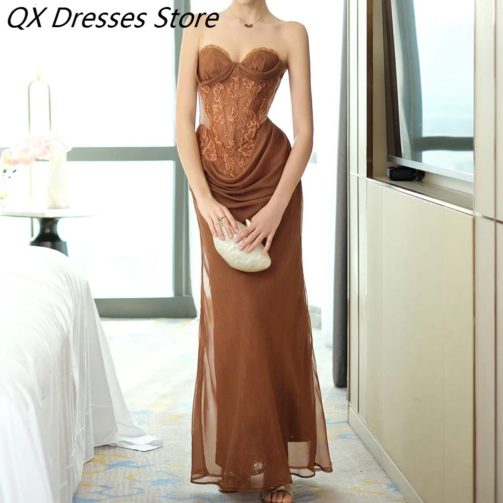 

Women's A-line Evening Dresses Ankle-length Strapless Sleeveless Prom Dresses Fashion Lace Simple Draped Customized Gowns