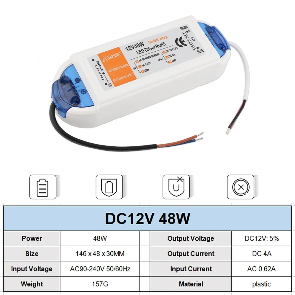 18W 28W 48W 72W 100W LED Driver Constant Current Wide Voltage AC90-240V With Protected Switching Power Supply DC12V Adapter