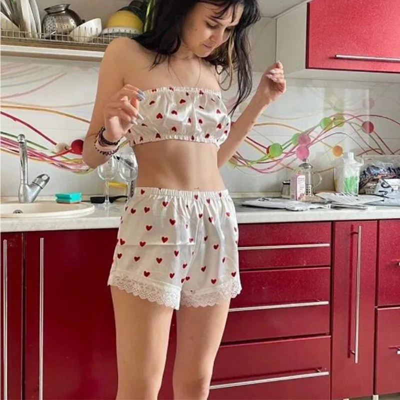 

2026 Lace Printed Tube Top Lace Shorts Women's Dress Two-piece Set