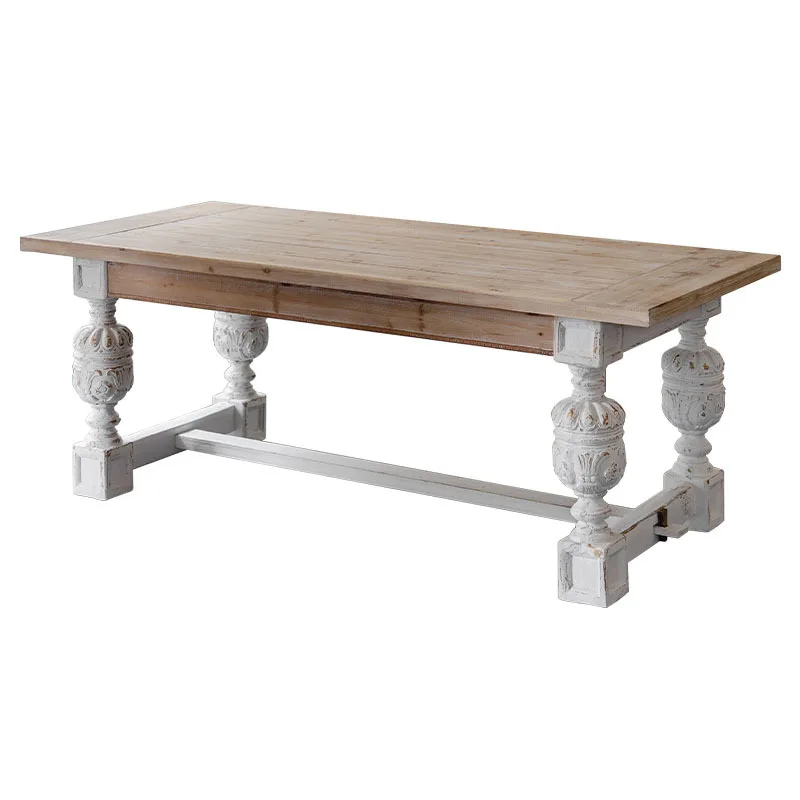

French retro old solid wood dining table villa bed and breakfast living room several Roman column carved restaurant negotiation